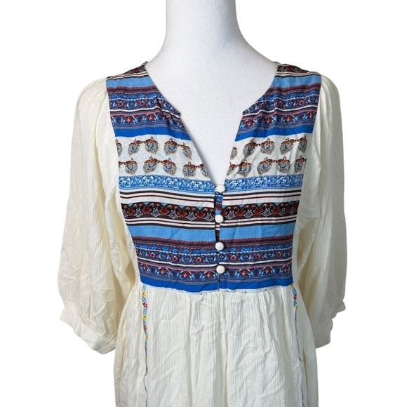 Umgee White Blue Gauzy Boho Tunic Dress Small Peasant Bohemian Southwestern - Picture 2 of 12